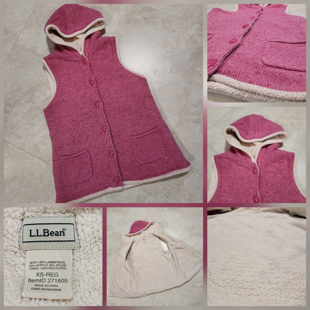 LL Bean Womens XS Lambswool Sherpa Lined Pink Hooded Cardigan Sweater Vest